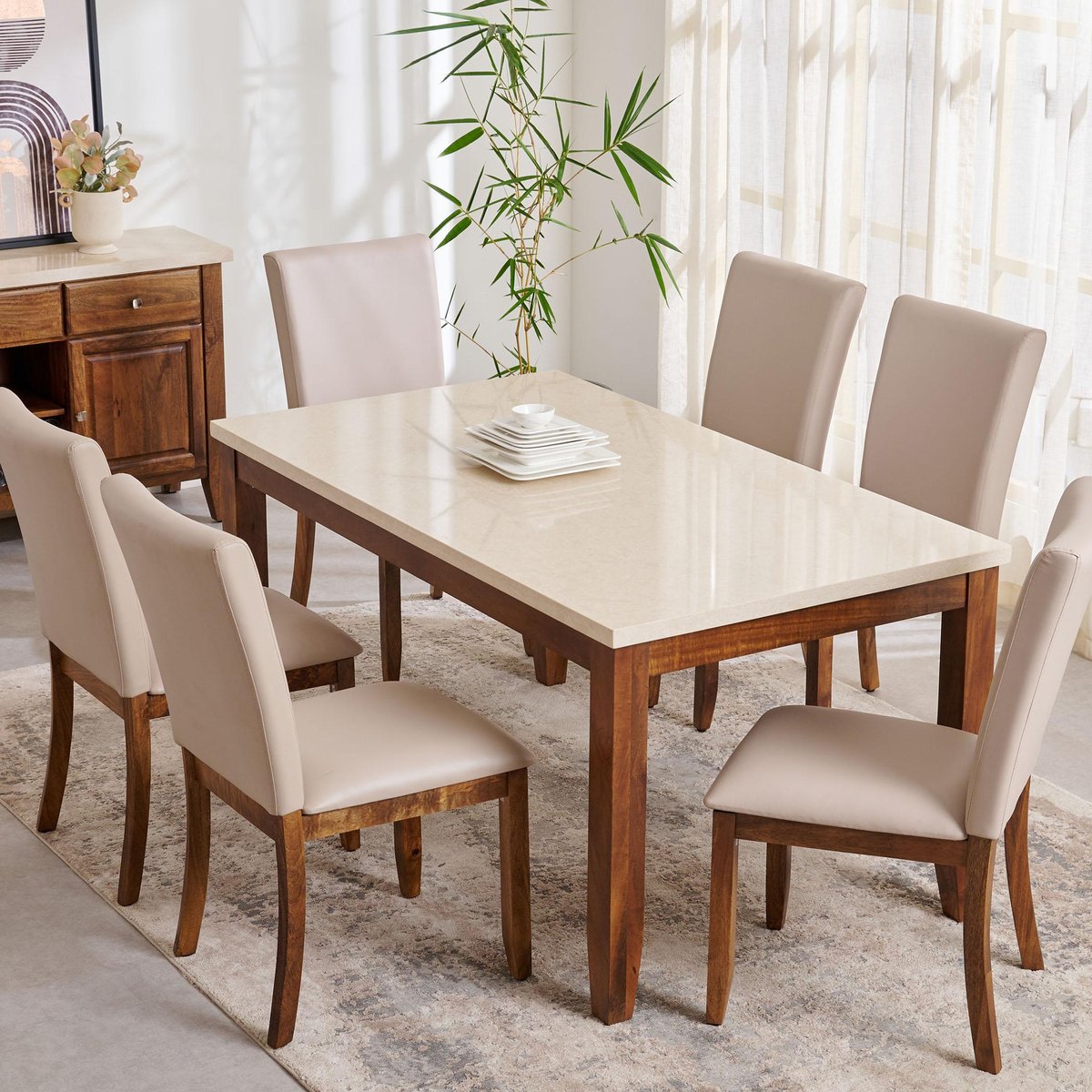 Buy Giza Composite Marble Top 6 Seater Dining Set with Chairs Beige from Home Centre at just INR 166661.0