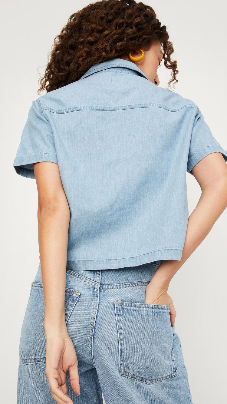 Buy Women Solid Cropped Denim Shirt Online at just Rs. 799.0