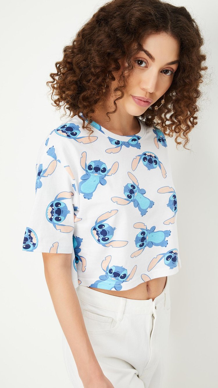 Buy Women Lilo & Stitch Printed Cropped T-shirt Online at just Rs