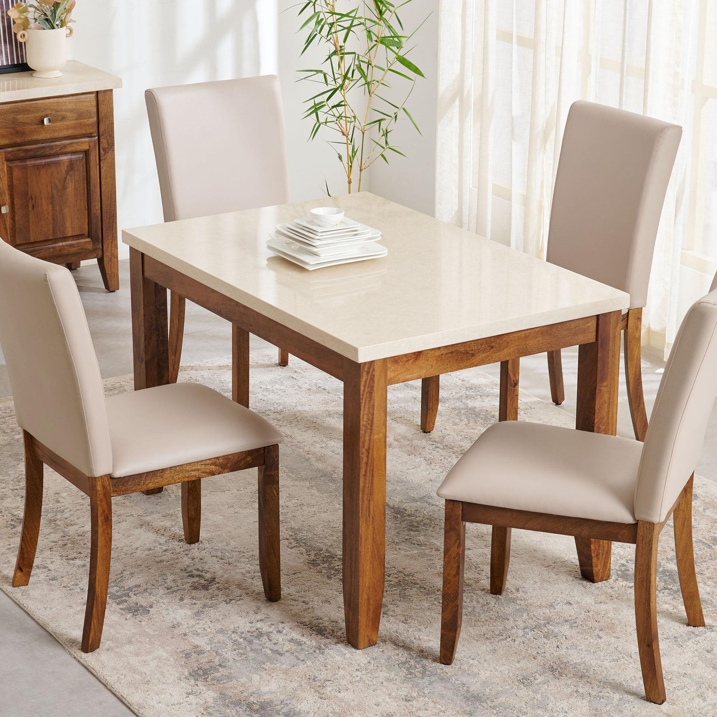Buy Giza Composite Marble Top 4 Seater Dining Set with Chairs Beige from Home Centre at just INR 116663.0