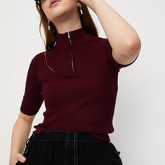 Women Rib Knit Zip Top | Flat Knits