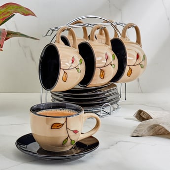 Caraway Set of 6 Stoneware Cups and Saucers with Stand - 220ml