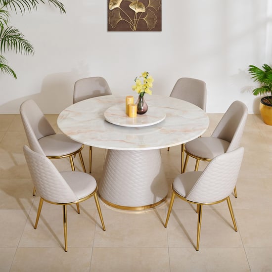 Vegas Faux Marble Top 6-Seater Dining Set with Chairs - Beige