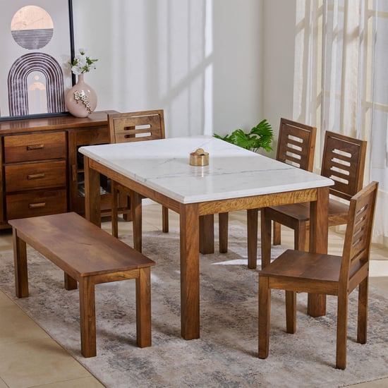 Adana Marble Top 6-Seater Dining Set with Chairs and Bench - Brown