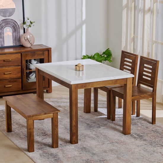 Adana Marble Top 4-Seater Dining Set with Chairs and Bench - Brown