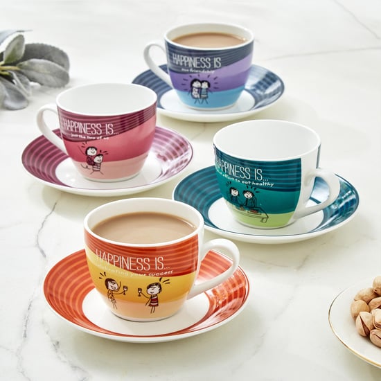 Melina Happiness Cooper Set of 4 Bone China Cup and Saucer - 210ml