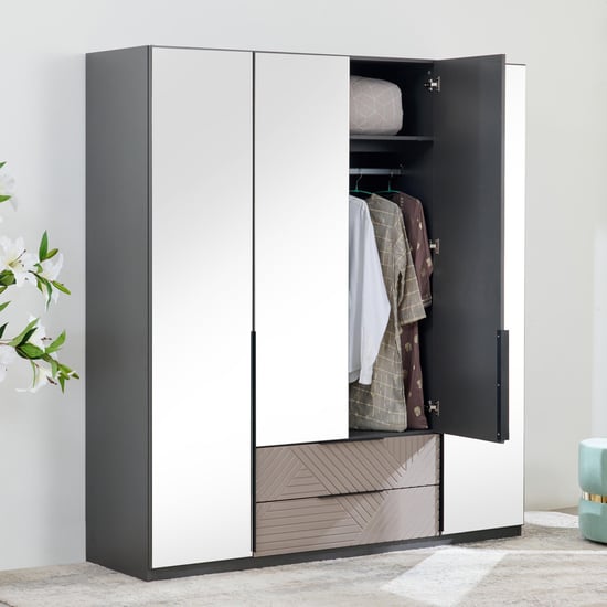 Connect 4-Door Wardrobe with Mirror and Drawer - Grey