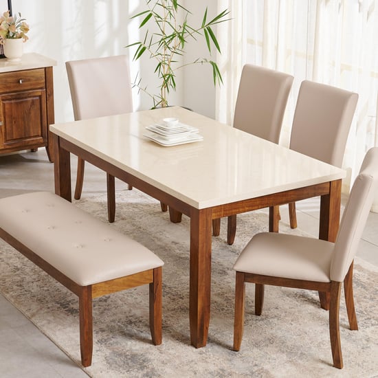 Giza Composite Marble Top 6-Seater Dining Set with Chairs and Bench - Beige