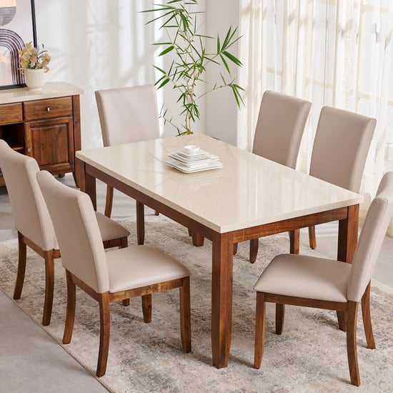 Giza Composite Marble Top 6-Seater Dining Set with Chairs - Beige