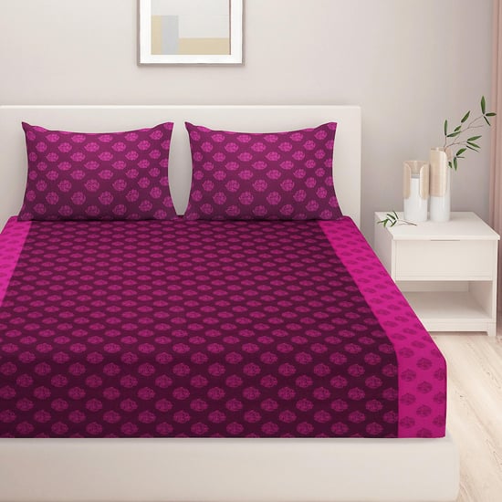SWAYAM Magenta Mirage Ethnic Buti 200TC Cotton King Bedsheet Set
