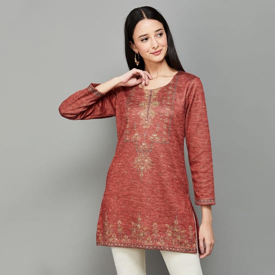 BIBA Women Jacquard Embroidered Winter Kurti