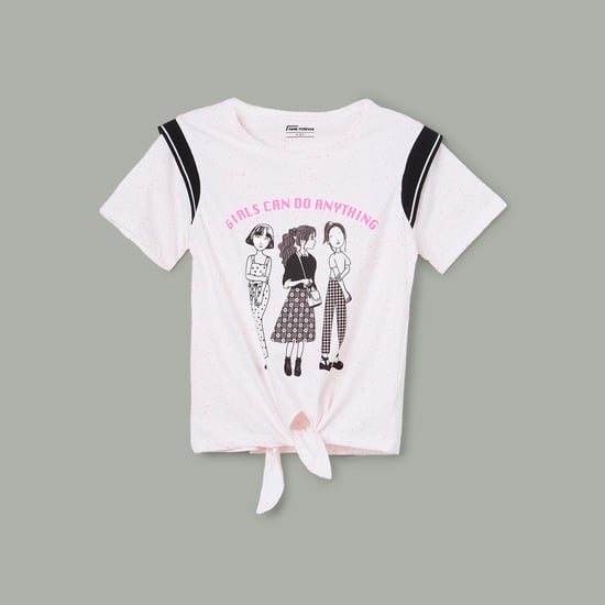 FAME FOREVER Girls Printed T-shirt with Tie-Up Hem