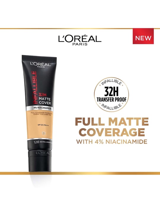 L'OREAL PARIS Infallible Matte Cover Liquid Foundation - 128 Neutral Undertone - 30ml