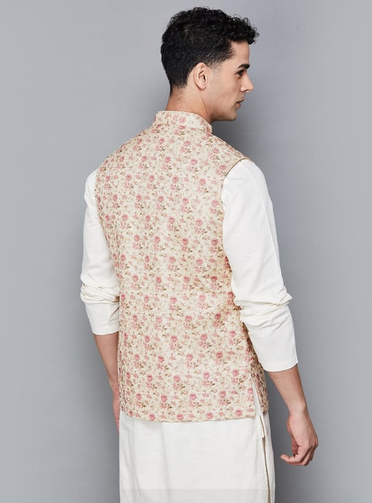 MANYAVAR Men Floral Printed Nehru Jacket Beige
