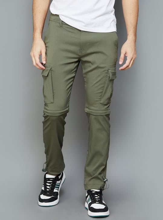 BOSSINI Men Solid Convertible Cargo Trousers with Drawcord Cuffs Green