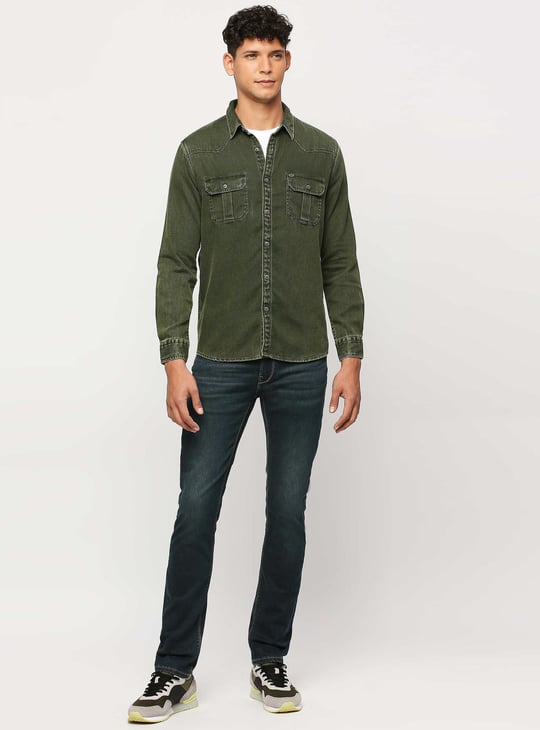 PEPE JEANS Men Solid Casual Denim Shirt Green