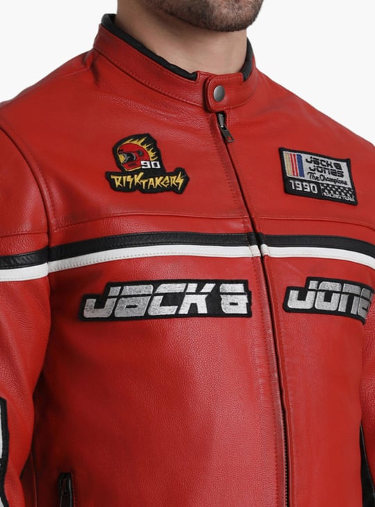 JACK JONES Men Applique Leather Biker Jacket Red