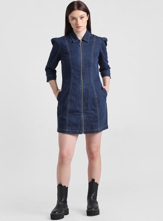 ONLY Women Solid Denim Mini Dress Blue