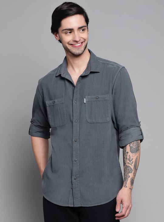 LP JEANS Men Denim Slim Fit Casual Shirt Grey