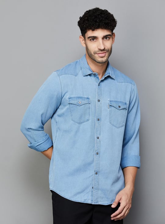 LP JEANS Men Solid Slim Fit Denim Shirt