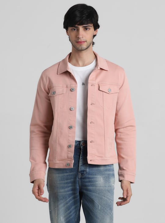 JACK JONES Men Solid Denim Jacket Pink