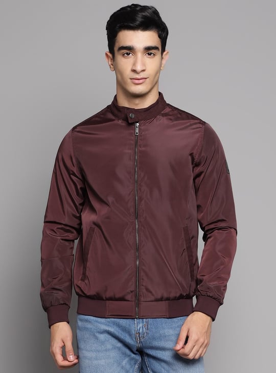 V DOT Men Solid Bomber Jacket Burgundy