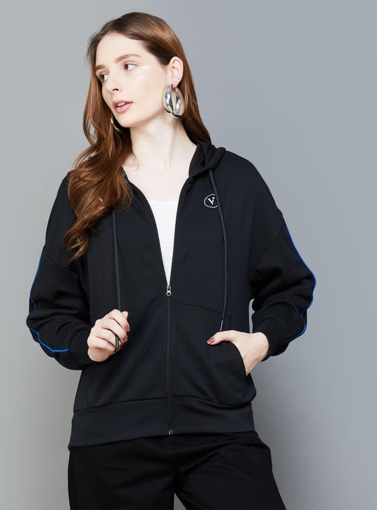 VAN HEUSEN Women Solid Zipped Sweatshirt Black