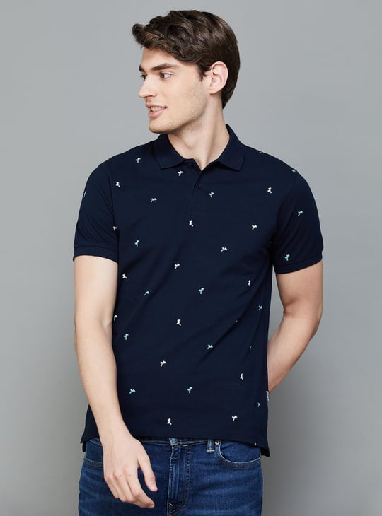 FAME FOREVER Men Printed Regular Fit Polo T-shirt Blue