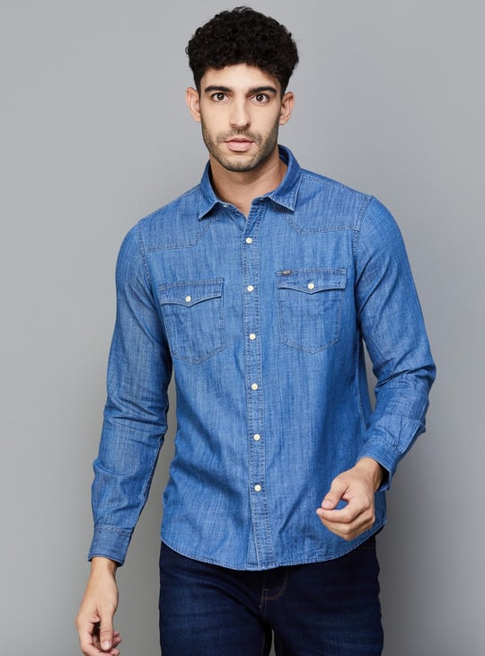SPYKAR Men Solid Regular Fit Denim Shirt Blue