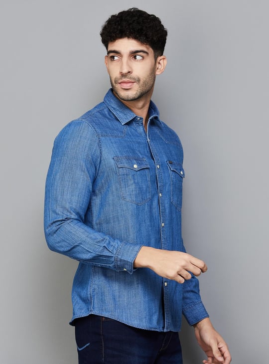 SPYKAR Men Solid Regular Fit Denim Shirt Blue