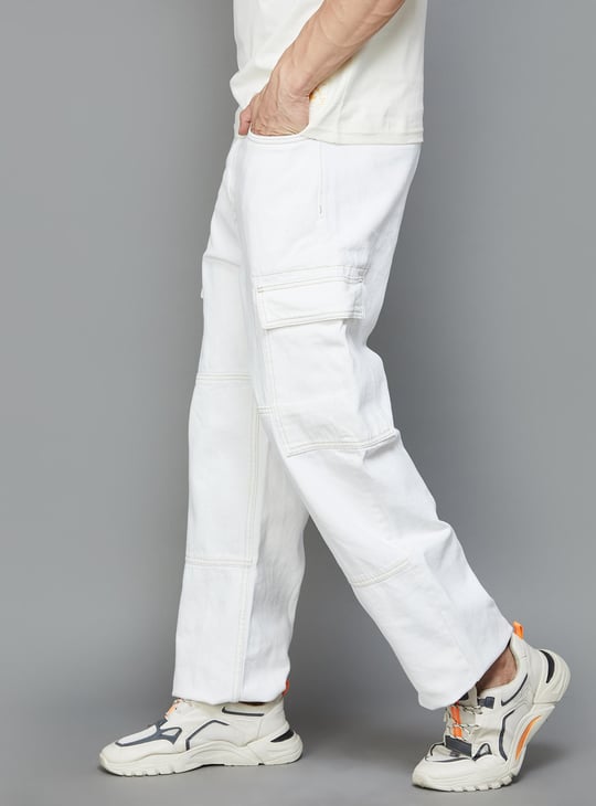 FLYING MACHINE Men Solid Comfort Fit Cargo Jeans White