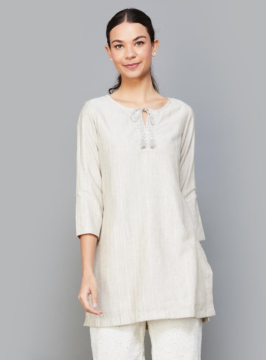 GLOBAL DESI Women Striped Tie-Up Neck Tunic - Main Image