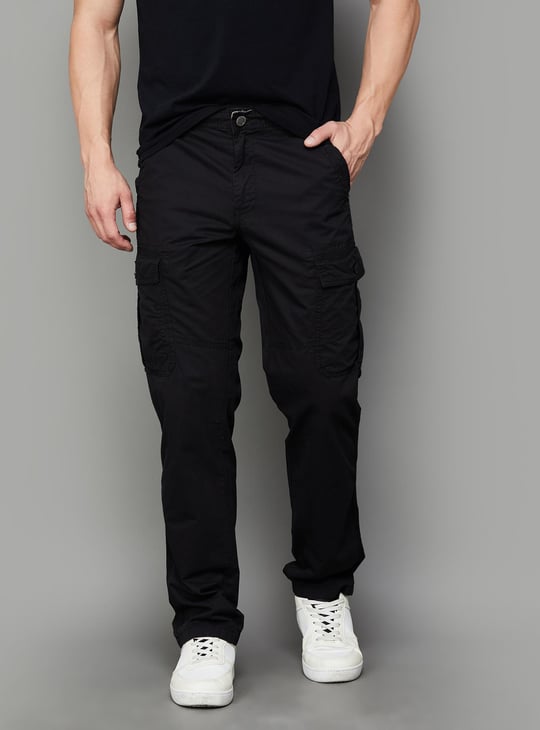 T-BASE Men Solid Regular-Fit Cargo Trousers Black