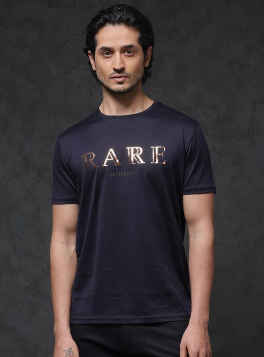 RARE RABBIT Men Foil Typography Printed T-shirt Blue