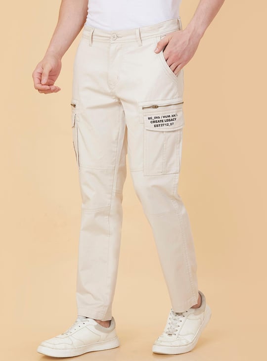 BEING HUMAN Men Solid Slim Tapered Cargo Trousers Beige