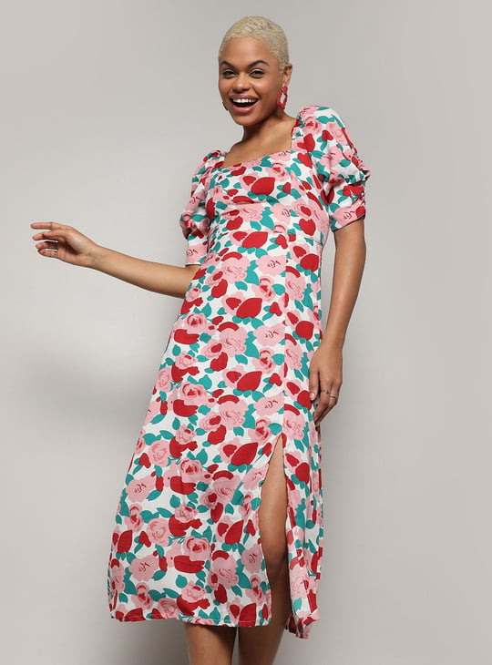 Floral print midi shops dress with sleeves