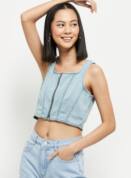 Women Lightwashed Denim Crop Top