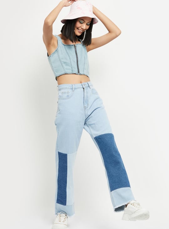 Women Lightwashed Denim Crop Top