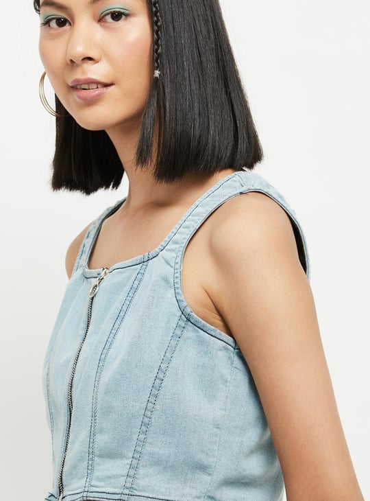 Women Lightwashed Denim Crop Top