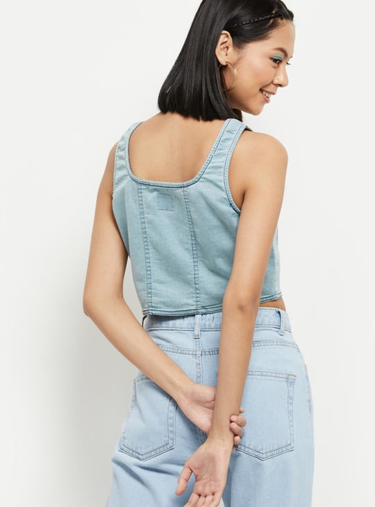 Women Lightwashed Denim Crop Top