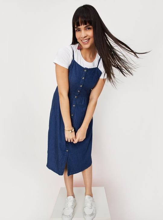 Women Solid A-line Denim Dress with T-shirt