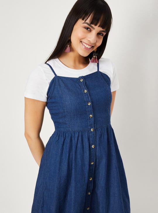 Women Solid A-line Denim Dress with T-shirt