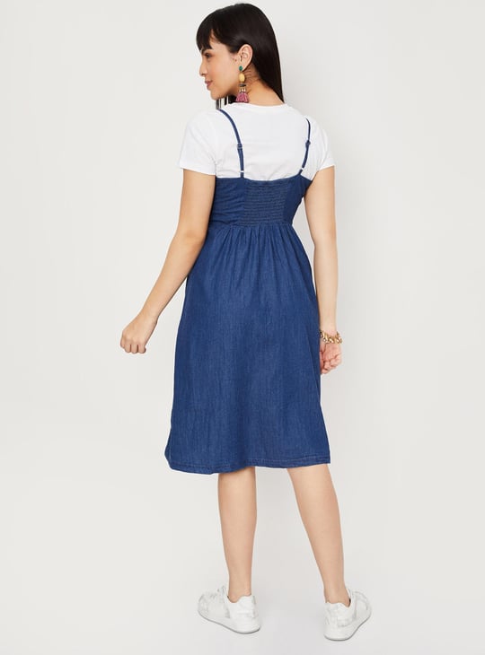 Women Solid A-line Denim Dress with T-shirt