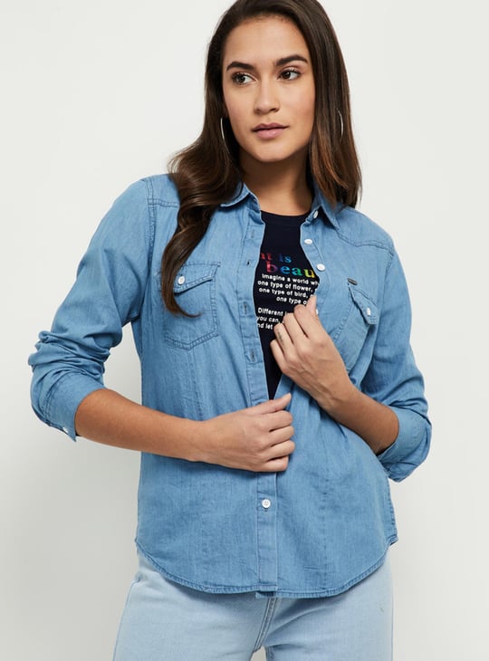 Women Solid Denim Shirt