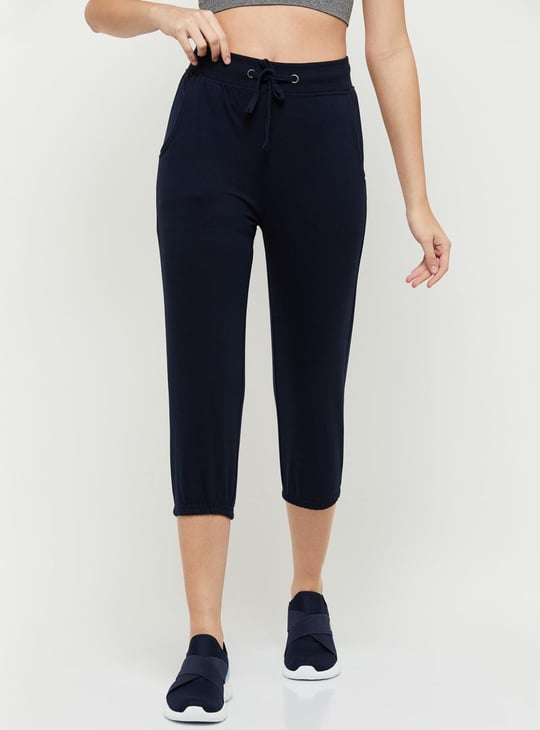 Women Solid Drawstring Capris Blue Solid