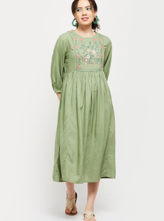 Women Embroidered Yoke Dress | Green | Embroidered