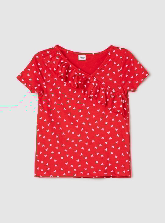 Girls Printed Asymmetric Ruffled Top