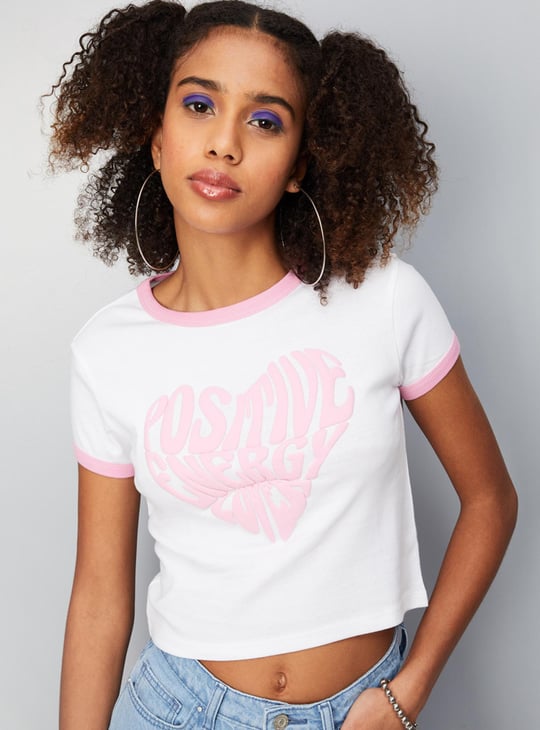Women Slogan Embossed Crop T-shirt
