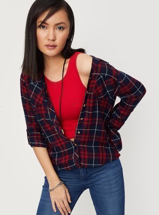 Women Checked Double Pocket Shirt Red Checked