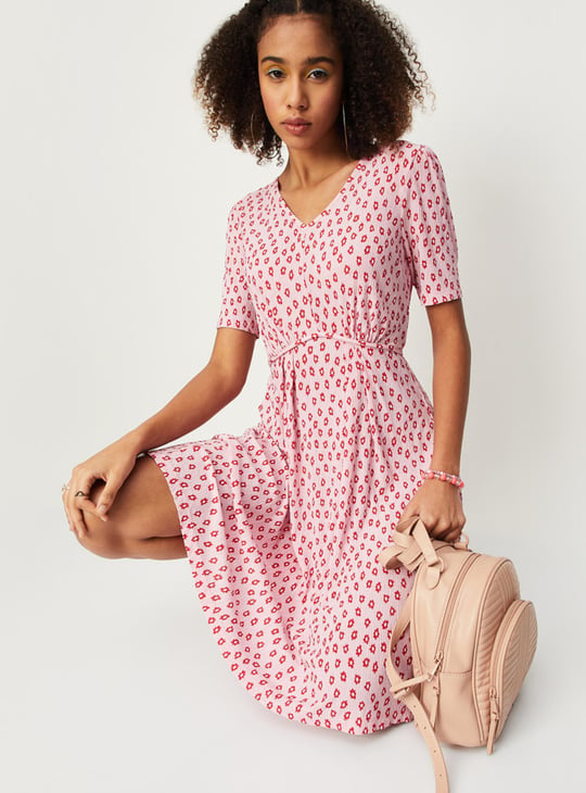 Women Floral Printed A-Line Dress | Pink | Printed